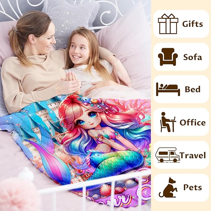 Mermaid Blanket for Girls 4-6 Personalized Throw for Toddler Kids Teens, 40x50 Inches Soft Cozy Custom Throw Blankets for Mermaid Lovers Sofa Couch Bed Travel