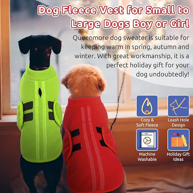 Queenmore Small Dog Sweaters, Soft Fleece Vest Pullover Pet Jacket with Leash Hole, Warm Winter Dog Clothes Cold Weather Doggy Dachshund Sweater for Small Dogs Cats Boy or Girl (Green, XS)