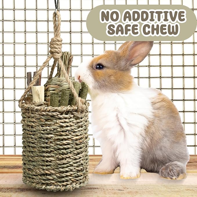 Rabbit Chew Toys,Natural Seagrass Hanging Basket with Sweet Bamboo,Timothy Hay,Water Plant Radish,Apple Sticks for Bunny Chinchillas Guinea Pigs Hamsters Rats Teeth Grinding