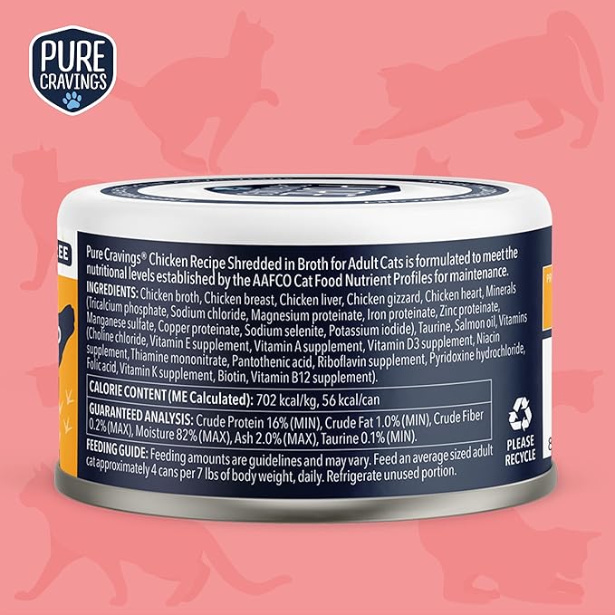 Pure Cravings Chicken Recipe in Broth, Shredded Wet Cat Food, Grain-Free Protein, Non-GMO, 12 Pack