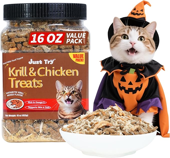 Just Try 16 OZ Krill & Chicken Cat Treats - Freeze-Dried Shrimp Snacks with Omega-3, Crunchy Cat Treats for Skin & Coat Health, Dental Care & Training Treats