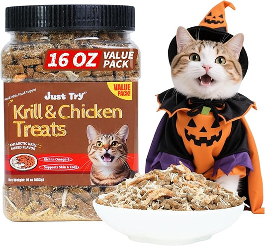 Just Try 16 OZ Krill & Chicken Cat Treats - Freeze-Dried Shrimp Snacks with Omega-3, Crunchy Cat Treats for Skin & Coat Health, Dental Care & Training Treats