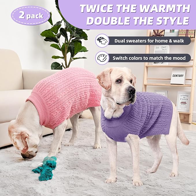 2 Pack Dog Sweaters for Big Dogs Turtleneck Pullover Cable Knit Large Size Stretch Clothes Pitbull Labrador Bulldog Doberman Boy Girl Pets Winter Clothes (XL, Pink & Purple)