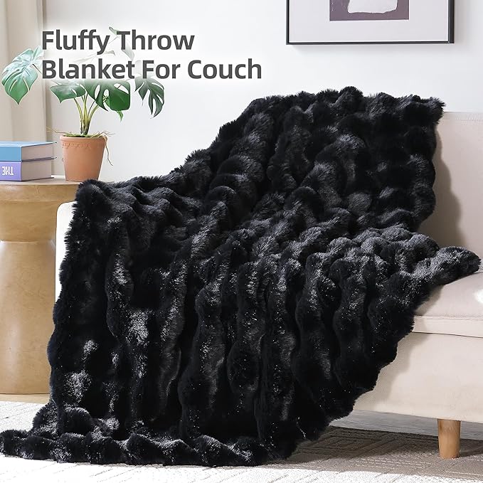Smoofy Faux Fur Throw Blanket for Couch – Black Fluffy Cozy Rabbit Fleece, Plush Soft Bubble Blanket for Sofa & Bed, for Mom, Warm Fuzzy Home Room Decor Throw 60" x 80"