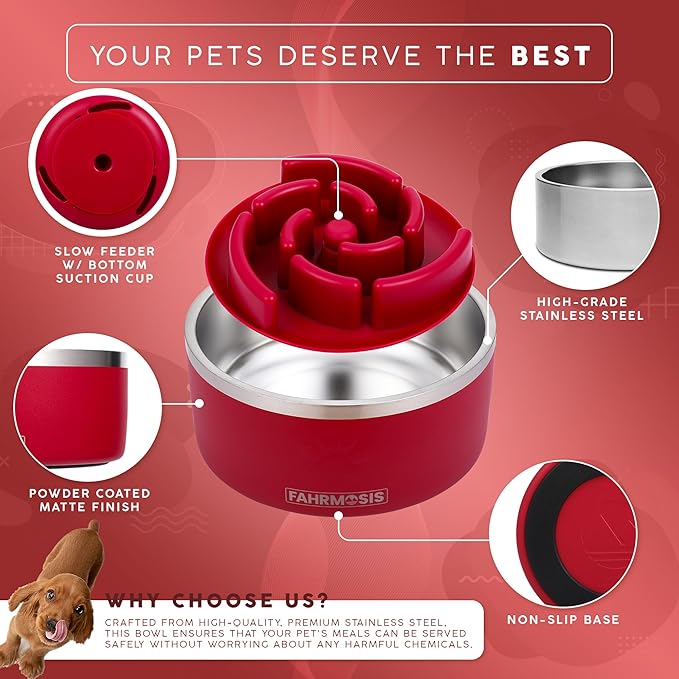 32 Oz Dog Bowl with Slow Feeder Insert Stainless Steel Pet Water Bowl for Medium & Large Breed Non Slip Rubber Base & Plastic Puzzle Feeder - Red