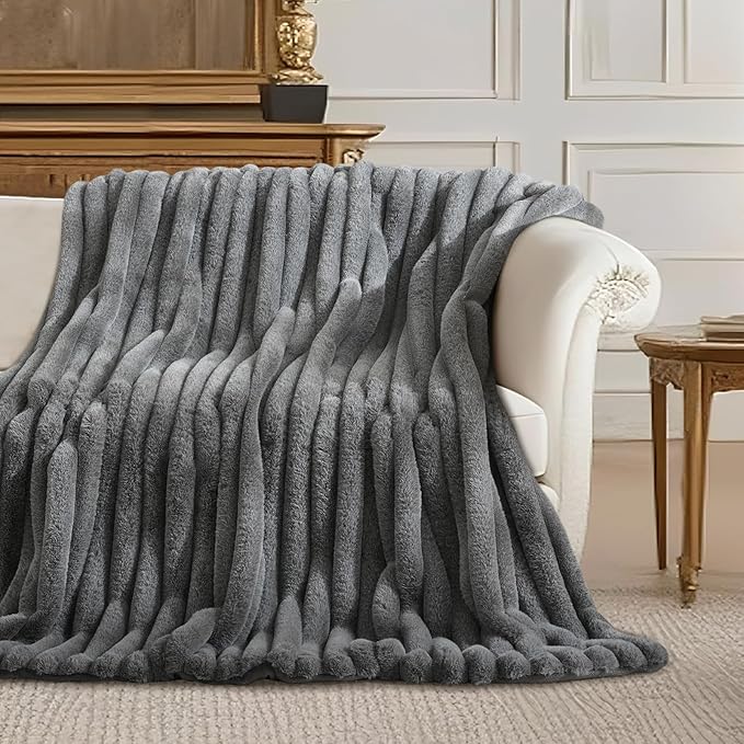 Amélie Home Faux Fur Throw Blanket for Couch, Ultra Cozy Fuzzy Fluffy Fur Luxurious Soft Striped Plush Gift Blankets for Family Sofa Chair Bedroom, 60"x80", Cationic Wolf Gray