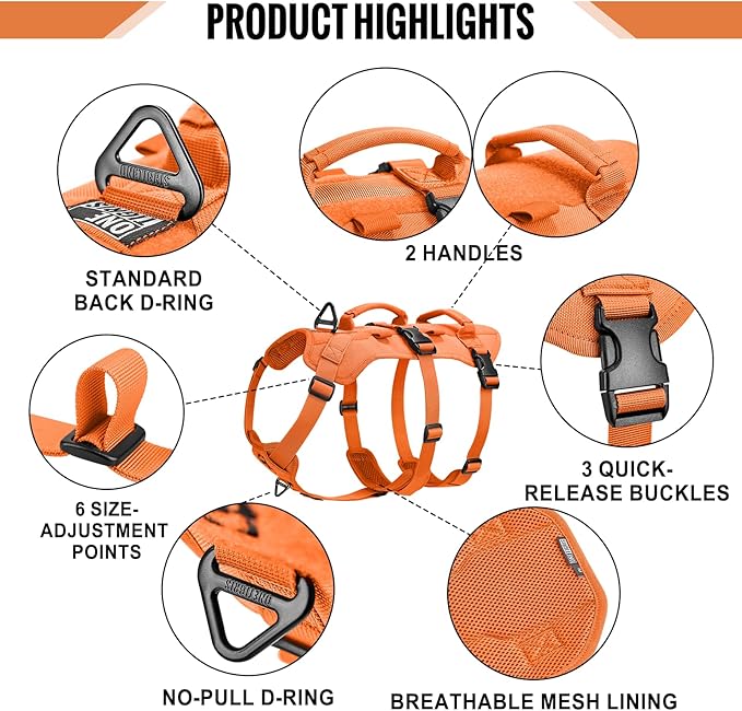 ONETIGRIS Escape Proof Dog Harness, No Pull Dog Harness with Handles, Tactical Multi-Use Support Dogs Harnes for Large Dogs Everyday Wear Walking Hiking Training (Orange, Medium)
