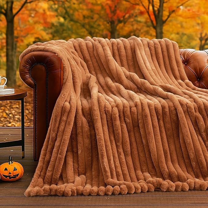 Amélie Home Faux Fur Throw Blanket for Couch, Cozy Fuzzy Fluffy Fur Luxurious Soft Striped Plush Gift Blankets for Family Sofa Chair Bedroom, 55"x70", Brown