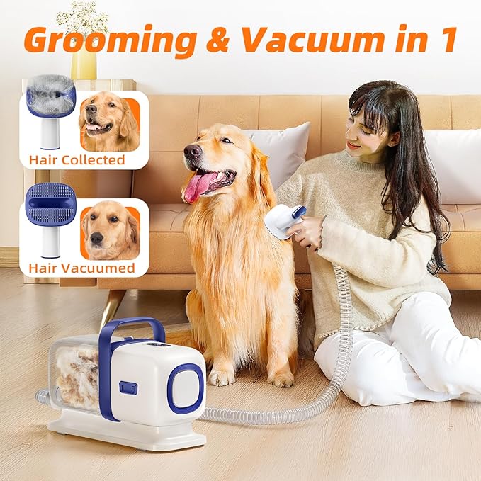Dog Grooming Kit with Vacuum, All-in-One Pet Grooming Vacuum for Dogs and Cats, Low Noise Pet Hair Clipper & Shedding Brush, Dog Hair Remover, Cat Pet Groomer Set with Cleaning Brushes, White