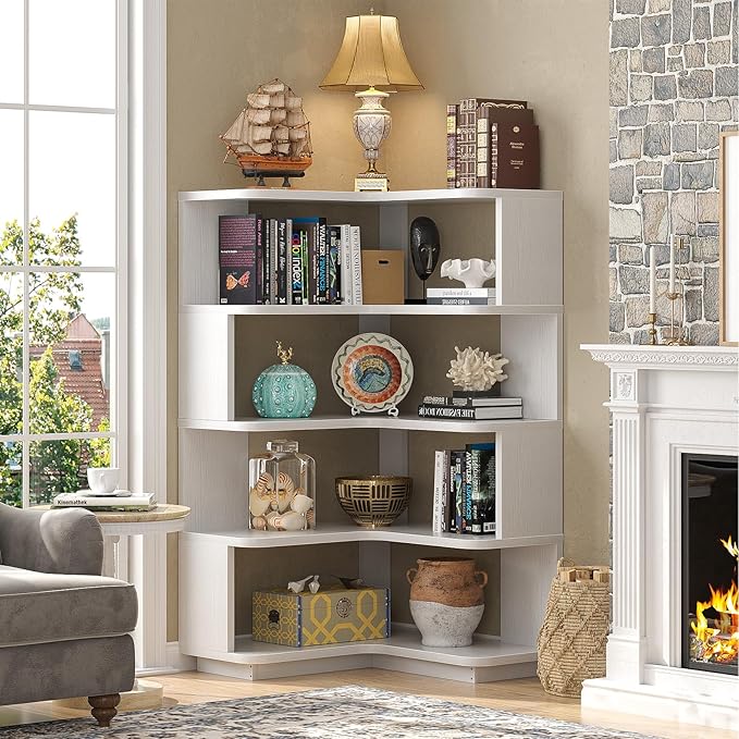 Armocity Corner Book Shelf - 5 Tier Corner Bookshelf Etagere Bookcase with Baffle, Freestanding L Shaped Display Shelf Stand for Home Office, Living Room, Bedroom, Kitchen, White