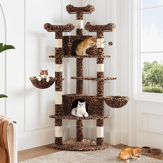Allewie 73in Fan-Shaped Space-Saving Corner Cat Tower/Multi-Level Tall Cat Tree for Indoor Kitties/Cozy Baskets/Condos/House/Perches/Sisal Scratching Posts/Pet Activity Center/Leopard Print