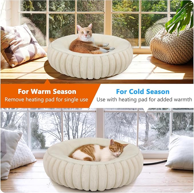 INVENHO Heated Cat Beds for Indoor Cats and Small Dogs, 20" Cozy Donut Heated Pet Bed with Timer & Temp Adjustable, Removable Waterproof Electric Warming Bed for Indoor Cat