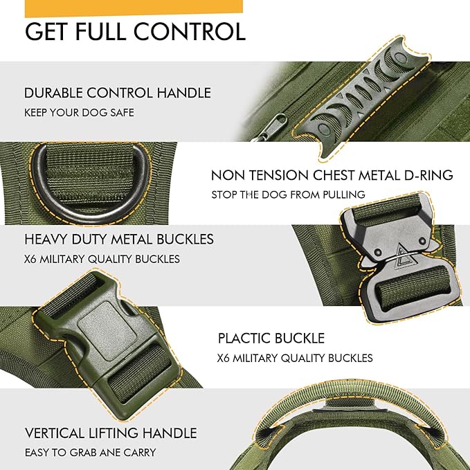 Tactical Dog Backpack Harness for Large Breed Original Design Metal Buckle Vest with Side Bags Pouches for Service Working Training (Green (with 2 Pouches), XL)