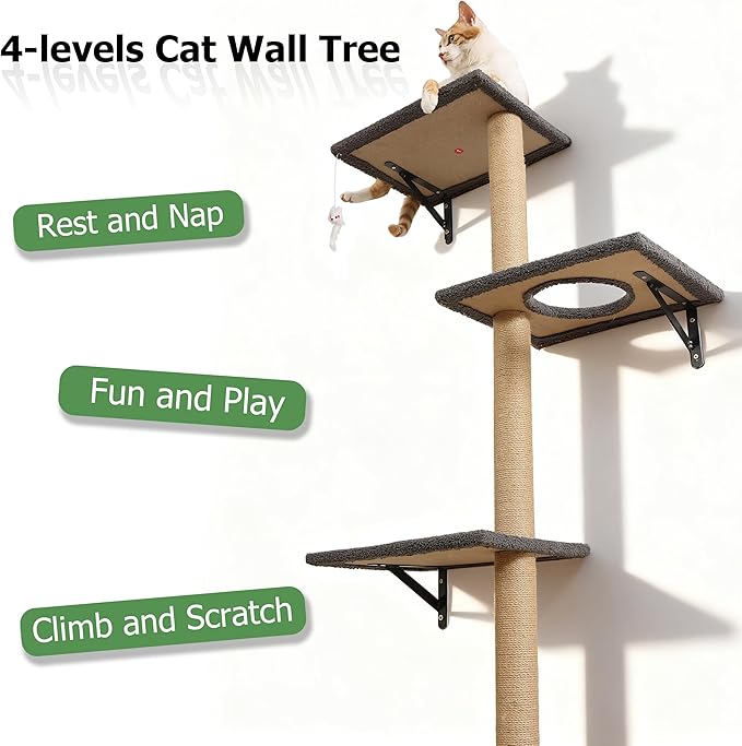 Tall Cat Scratching Posts,4 Tier Corner Cats Tree, Wall Mounted Kitten Tower,Carpeted Climbing Wall for Indoor Kitty Perching,Playing and Lookout (Grey)