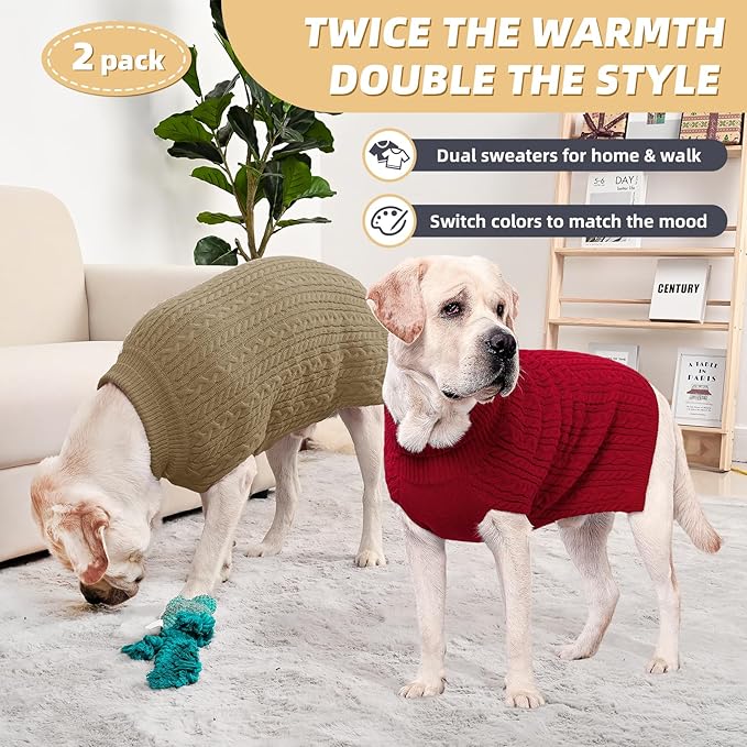 2 Pack Dog Sweaters for Big Dogs Turtleneck Pullover Cable Knit Large Size Stretch Clothes Pitbull Labrador Bulldog Doberman Boy Girl Pets Winter Clothes (XL, Red & Brown)