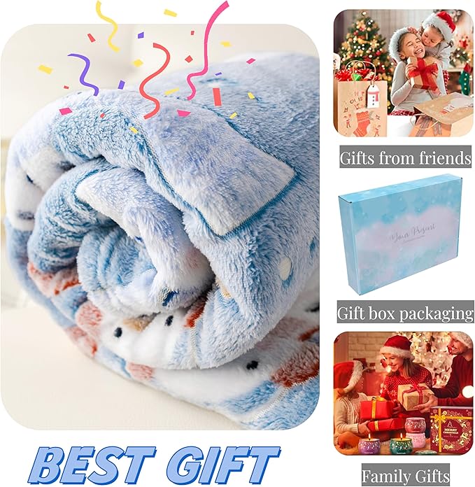 Christmas Snowman Blanket Gift, Glow in The Dark Blanket, Cozy Soft Fleece Blanket for Holiday Décor, Children Boys Girls Teens Holiday Theme Blanket, 50"*60", Kids Blanket, Sky Blue