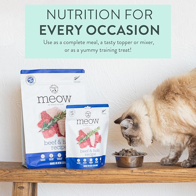 The New Zealand Natural Pet Food Co. Meow Air Dried Cat Food - Beef & Hoki Recipe - Topper, Mixer or as Cat Training Treats, All Life Stages - 26.5 oz