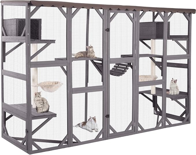 Aivituvin Catio Outdoor Cat Enclosure Window Box Wall Mounted Wooden Cat House Playground with Scratching Posts, Baskets, Resting House, Shelves and Bridge for Multiple Kitties,104" x 34" x 69.5"