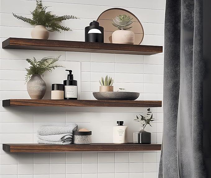 24 Inch Brown Wood Floating Shelves for Wall Rustic Wall Shelf for Bedroom Living Room Set of 4