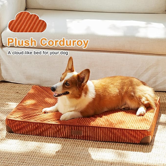 FUKUMARU Dog Bed, Plush Corduroy Orthopedic Dog Beds with Washable Cover, Large Waterproof Dogs Bed for Crate, Egg Crate Foam Support Pet Mat, Cozy Pet Bed Mat with Anti-Slip Bottom, Orange