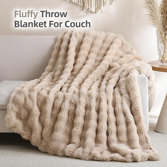 Smoofy Faux Fur Throw Blanket for Couch Rabbit Fleece - Linen Fluffy Blanket for Sofa Bedroom Living Room, Cozy Soft Plush Luxury Thick Winter Fuzzy Comfy Bubble Blanket - 60" x 80"