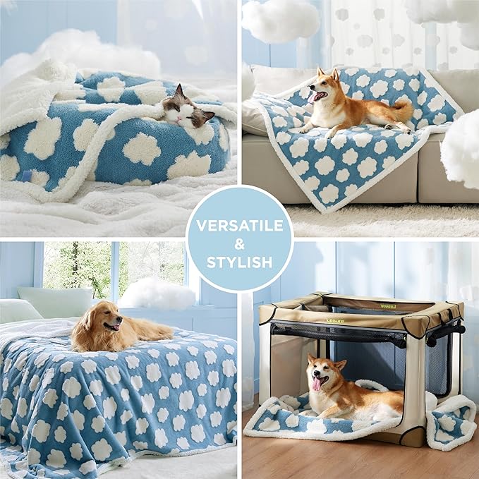LE SURE Waterproof Dog Blanket for Large Dogs - Washable Double Sided Dog Blankets with Warm Jacquard Shag and Soft Sherpa Fleece, Pet Cat Blanket for Bed Protection, 3D Textured Cloud, Blue
