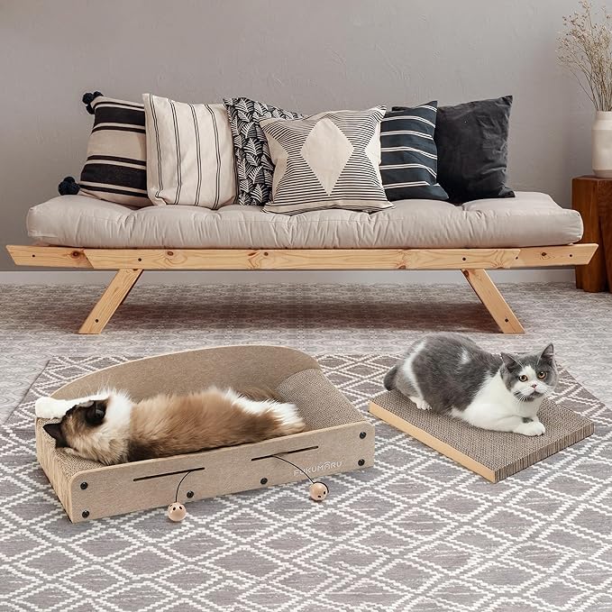 FUKUMARU 26 Inch Cat Scratcher Cardboard Lounge Bed, 2 Reversible Cat Scratch Pads Refill for Indoor Cats, Durable Cats Scratching Boards Extra Large Lounger Bed Sofa Couch with Ball Toy, Beige