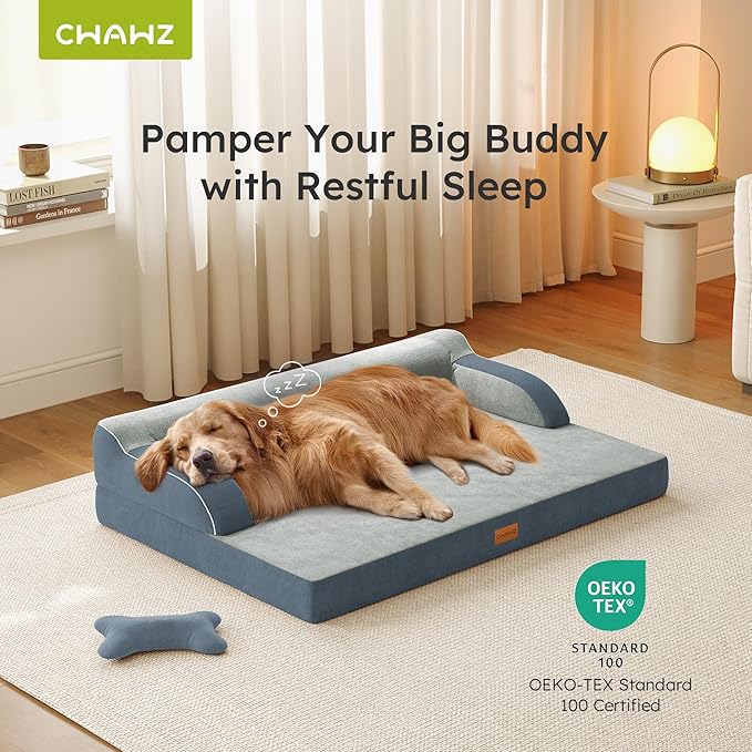 XXL Orthopedic Dog Bed, Big Dog Bed for Large Dogs, Dual-Sided Pet Cooling Beds with Memory Foam Washable Cover Nonslip Bottom, Waterproof Pet Couch with Bolsters, Dark Grey