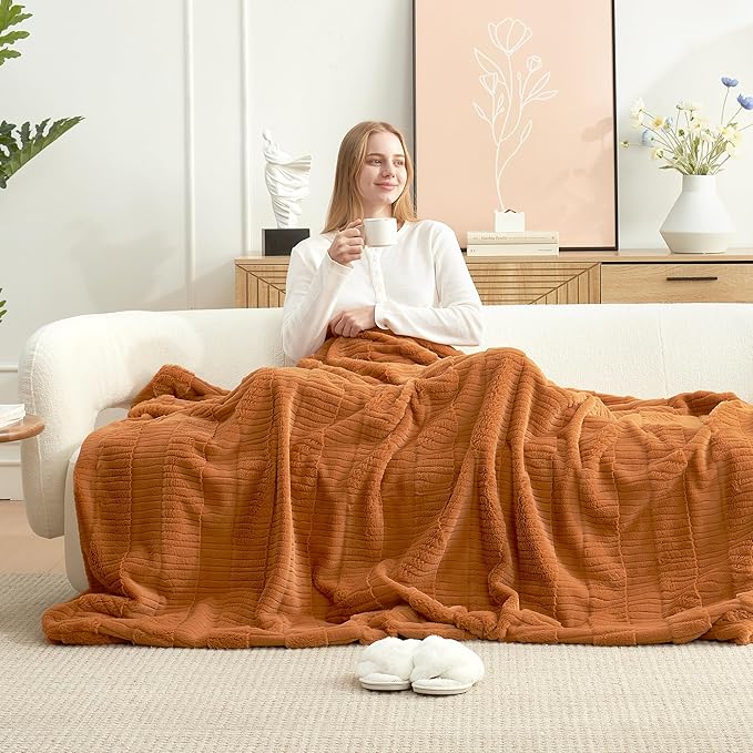 Amélie Home Luxury Striped Faux Fur Throw Blanket for Couch, Soft Cozy Fuzzy Fluffy Soft Plush Blankets Sofa Chair Gift Blankets for Women, 55"x70", Brown