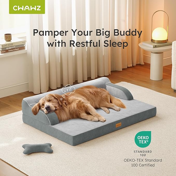 XXL Orthopedic Dog Bed, Big Dog Bed for Large Dogs, Dual-Sided Pet Cooling Beds with Memory Foam Washable Cover Nonslip Bottom, Waterproof Pet Couch with Bolsters, Light Grey