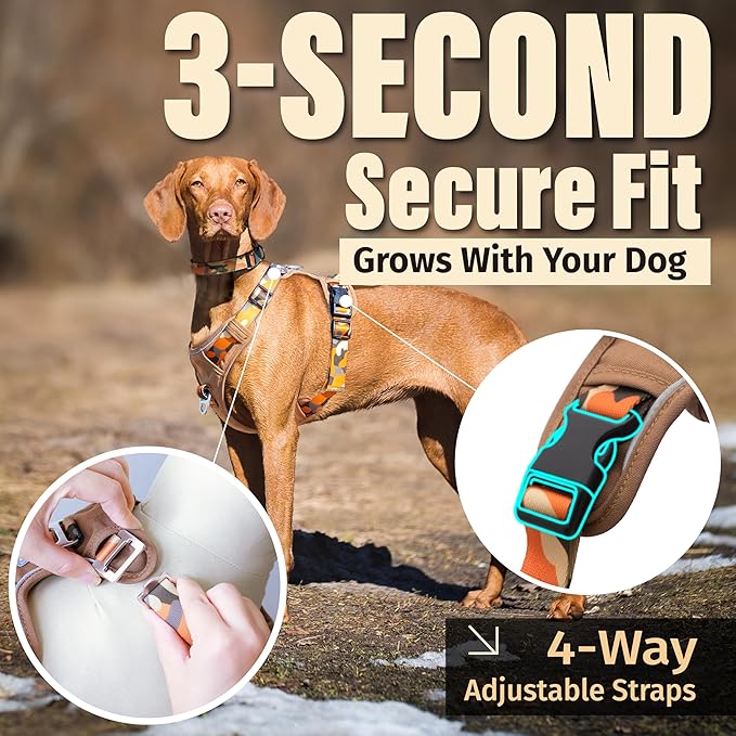 No Pull Dog Harness with Front & Back D-Rings,Water-Repellent 600D Oxford Fabric for Hiking,Training,Walking,Reflective Adjustable Vest,Lightweight Hardware Fit for Small Sized Dogs,Camo Orange XS