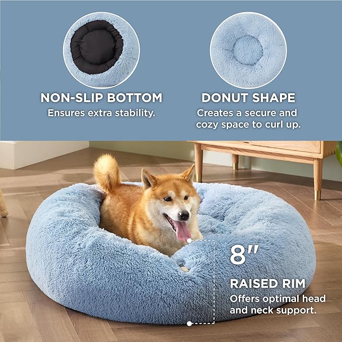 Bedsure Calming Dog Bed for Medium Dogs - Donut Washable Medium Pet Bed, Anti-Slip Round Fluffy Plush Faux Fur Cat Bed, Fits up to 45 lbs Pets, Light Blue, 30 inches