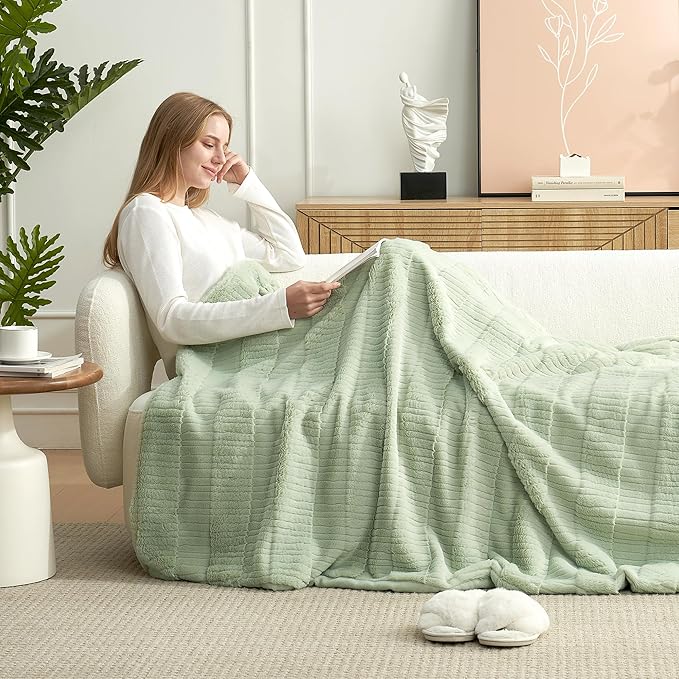 Amélie Home Luxury Striped Faux Fur Throw Blanket for Couch, Soft Cozy Fuzzy Fluffy Soft Plush Blankets Sofa Chair Gift Blankets for Women, 60"x80", Sage Green