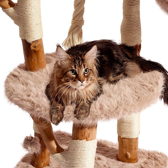 Aesthetic Cat Tree Tower for Large Cats, Large Cat Tree for Maine Coon Indoor Cats with Faux Fox Fur, Solid Wood Sisal Scratching Post, Hammock, Perches, Platform, Toy Ball