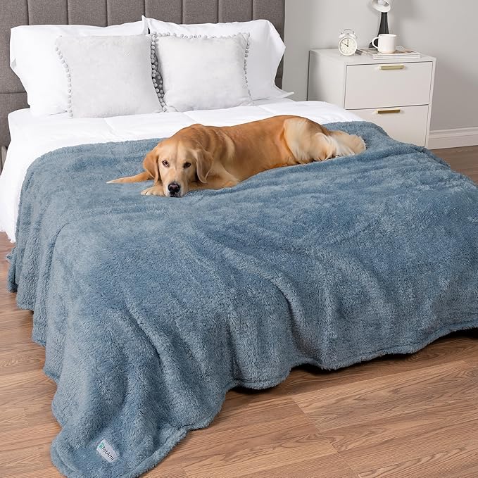 PetAmi Fluffy Waterproof Dog Blanket for Bed Large Dogs, Soft Warm Pet Sherpa Throw Pee Proof Couch Cover, Reversible Cat Blanket Sofa Crate Kennel Protector, Washable Mat (Dusty Blue, 60x80)