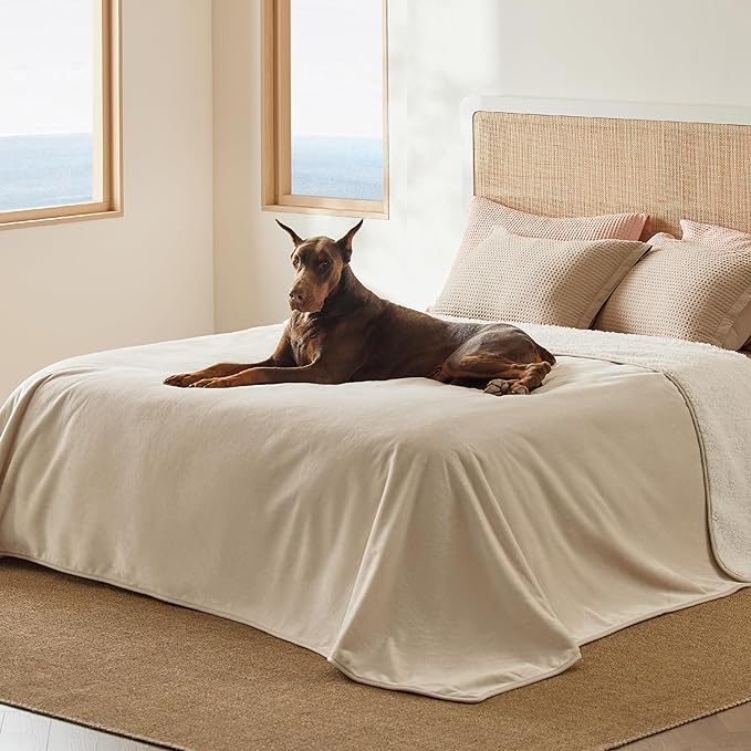 Bedsure Waterproof Blanket for Bed - Sherpa Fleece Waterproof Dog Blankets for Large Dogs, Pet Blankets for Bed/Couch/Dog Crate, Soft Plush Reversible Furniture Protector, King Size, 108"x86", Cream