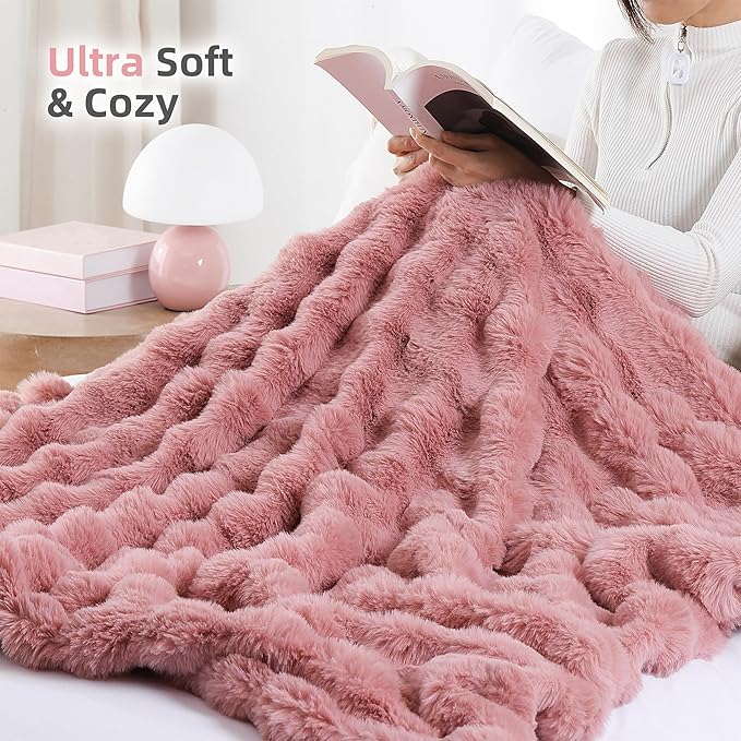 Smoofy Faux Fur Throw Blanket for Couch – Old Pink Fluffy Cozy Rabbit Fleece, Plush Soft Bubble Blanket for Sofa & Bed, for Mom, Warm Fuzzy Home Room Decor Throw 50" x 60"