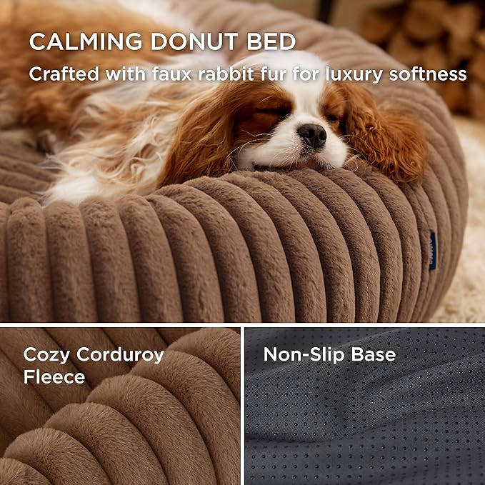 Bedsure Donut Small Dog Bed - Dog Beds for Small Dogs with Corduroy Fleece & Anti Slip Bottom, Round Faux Fur Pet Beds with Washable Removable Cover, Camel Brown, 27x27x8 inches