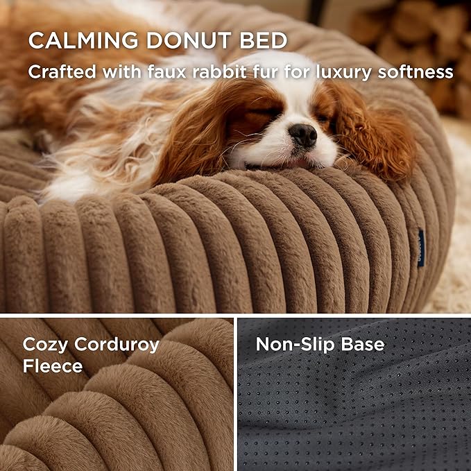 Bedsure Donut Large Dog Bed - Washable Faux Fur with Corduroy Fleece & Anti Slip Bottom, Round Pet Bed with Removable Cover, Camel Brown, 36x36x8 inches