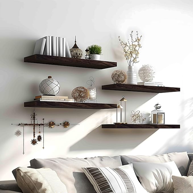 24 Inch Brown Wood Floating Shelves for Wall Rustic Wall Shelf for Bedroom Living Room Set of 4
