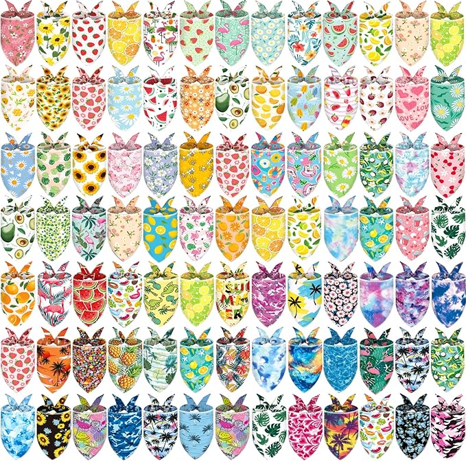 XPUDAC 100 Pack Summer Dog Bandanas Bulk Dog Scarf Bibs Adjustable Washable Kerchief with Fruit Flamingo Flower Patten Pet Costume Accessories for Small Medium Dogs