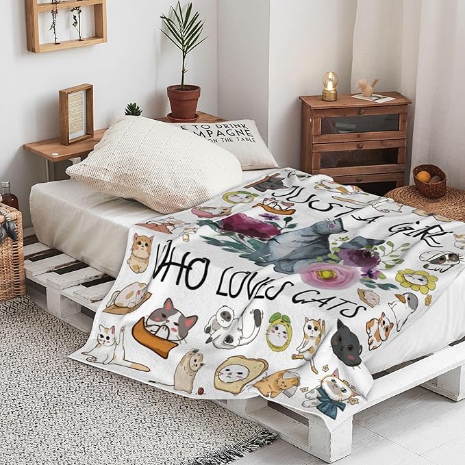 Cat Blanket Ultra Soft Flannel Throw Blanket Just a Girl Who Loves Cats Blankets Cats Gifts for Cat Lovers Cozy Lightweight Blankets for Women Kids Adults 80"X 60"