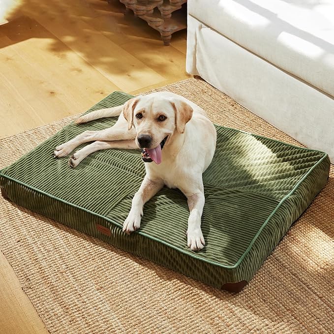 FUKUMARU Dog Bed, Plush Corduroy Orthopedic Dog Beds with Removable Washable Cover, XL Waterproof Dogs Bed for Crate, Egg Crate Foam Support Pet Mat, Cozy Pet Bed Mat with Anti-Slip Bottom, Green