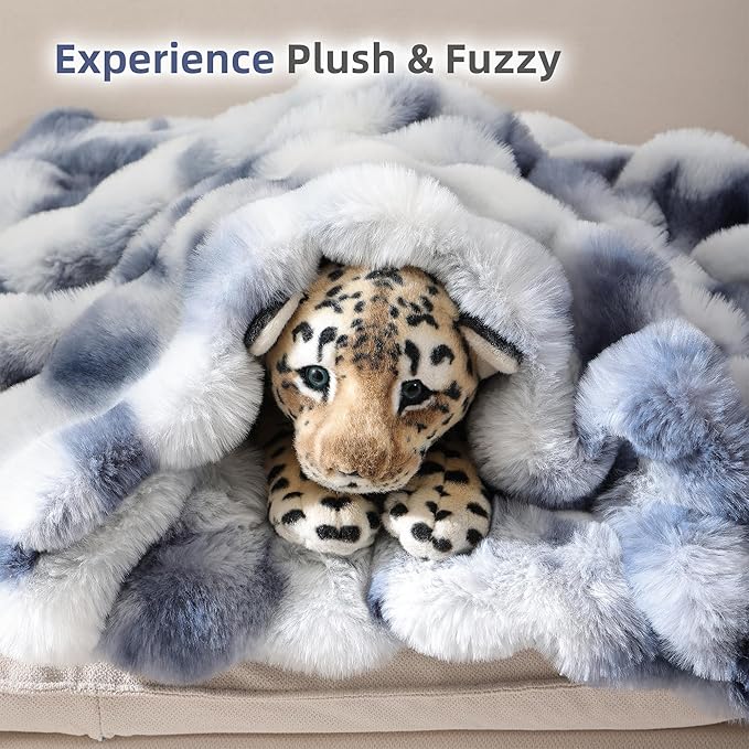 Smoofy Faux Fur Throw Blanket for Couch Rabbit Fleece - Tie-dye Blue Fluffy Blanket for Sofa Bedroom Living Room, Cozy Soft Plush Luxury Thick Winter Fuzzy Comfy Bubble Blanket - 50" x 60"