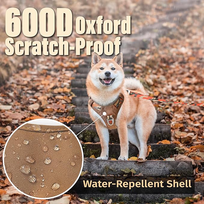 Dog Harness No-Pull with Front & Back D-Rings, Water-Repellent 600D Oxford for Hiking/Training/Walks, Reflective Adjustable Vest, Lightweight Aluminum Hardware Fit for Medium Sized Dogs,Camo Orange, M