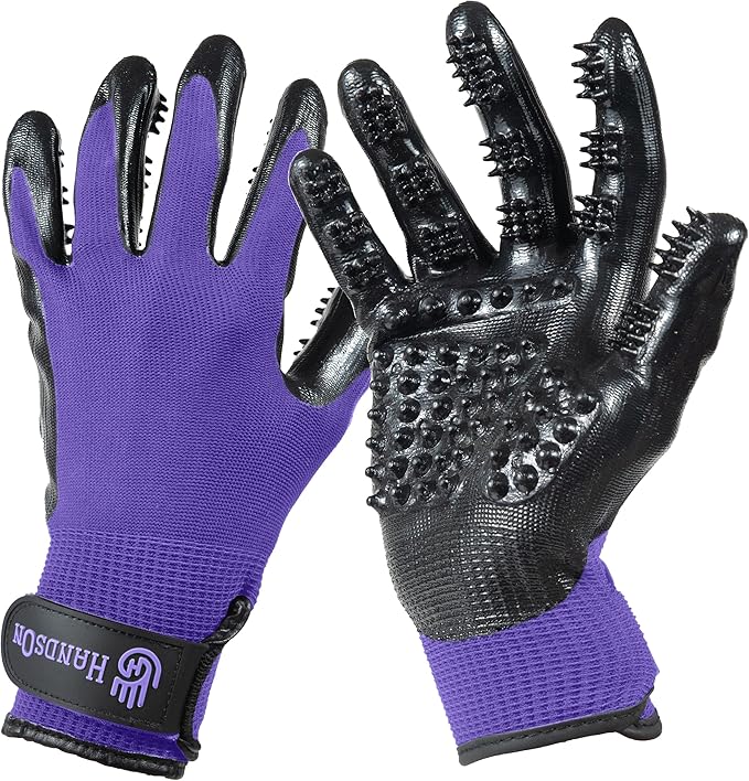 H HANDSON Pet Grooming Gloves - Patented #1 Ranked, Award Winning Shedding, Bathing, & Hair Remover Gloves - Gentle Brush for Cats, Dogs, and Horses (Purple, Small)