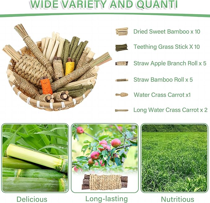 Rabbit Toys 33Pcs, Natural Hay Hamster Chew Toys for Teeth, Handmade Dried Sweet Teething Grass Sticks Watercress Carrot for Chinchillas Bunny Small Animals