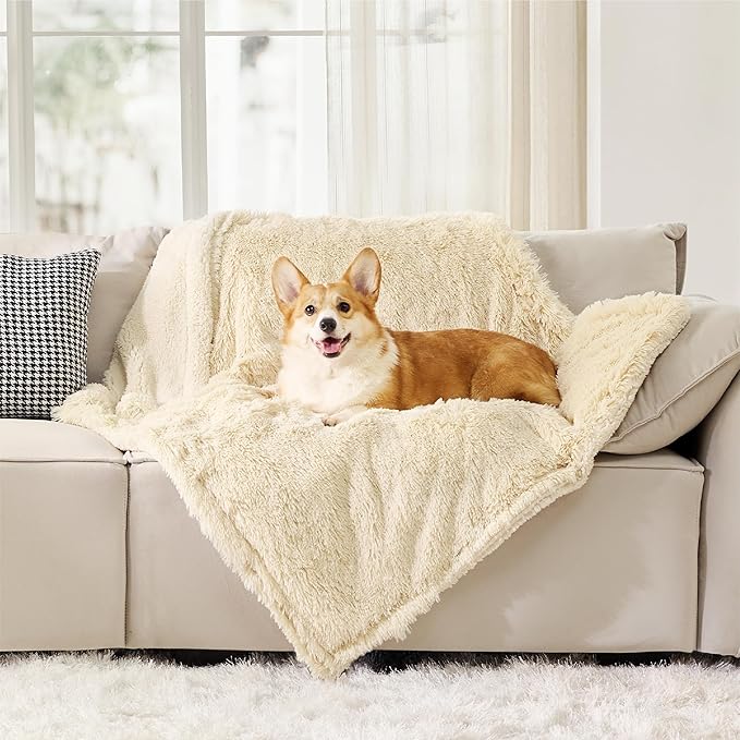 Bedsure Waterproof Dog Blankets for Medium Dogs - Calming Cat Blanket for Couch Protector Washable, Long Faux Fur Pet Throw Blanket for Puppy, Reversible Furniture Protection, 30"x40", Cream