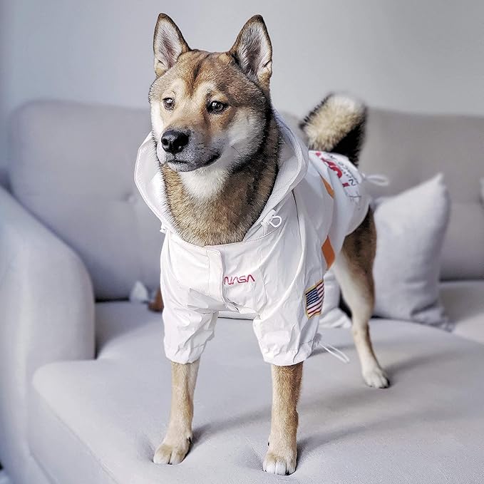 ChoChoCho NASA Dog Rain Jacket, Reflective Water Proof Jacket, Cat & Puppy Stylish Streetwear Outfit - White, L (Medium)