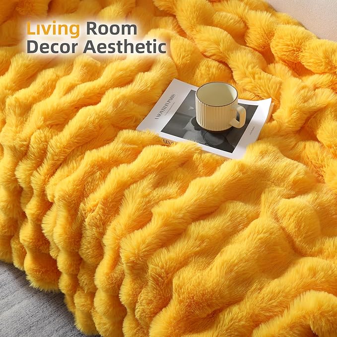 Smoofy Faux Fur Throw Blanket for Couch – Mustard Yellow Fluffy Cozy Rabbit Fleece, Plush Soft Bubble Blanket for Sofa & Bed, for Mom, Warm Fuzzy Home Room Decor Throw 60" x 80"